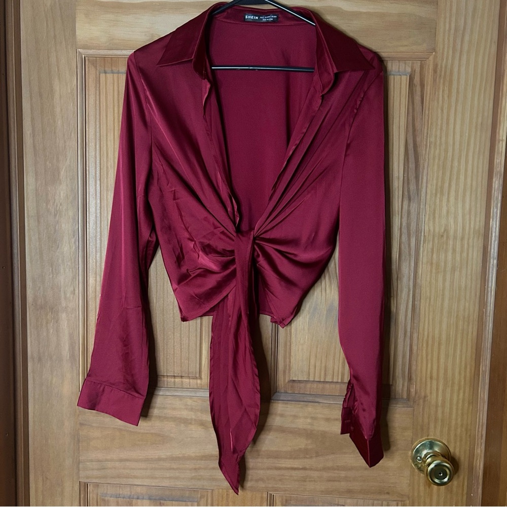 Burgundy Open Front Blouse - Picture 2 of 6